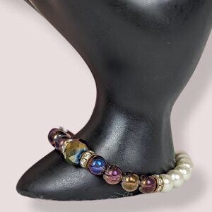 Faux Pearl & Iridescent Glass Beaded Bracelet
